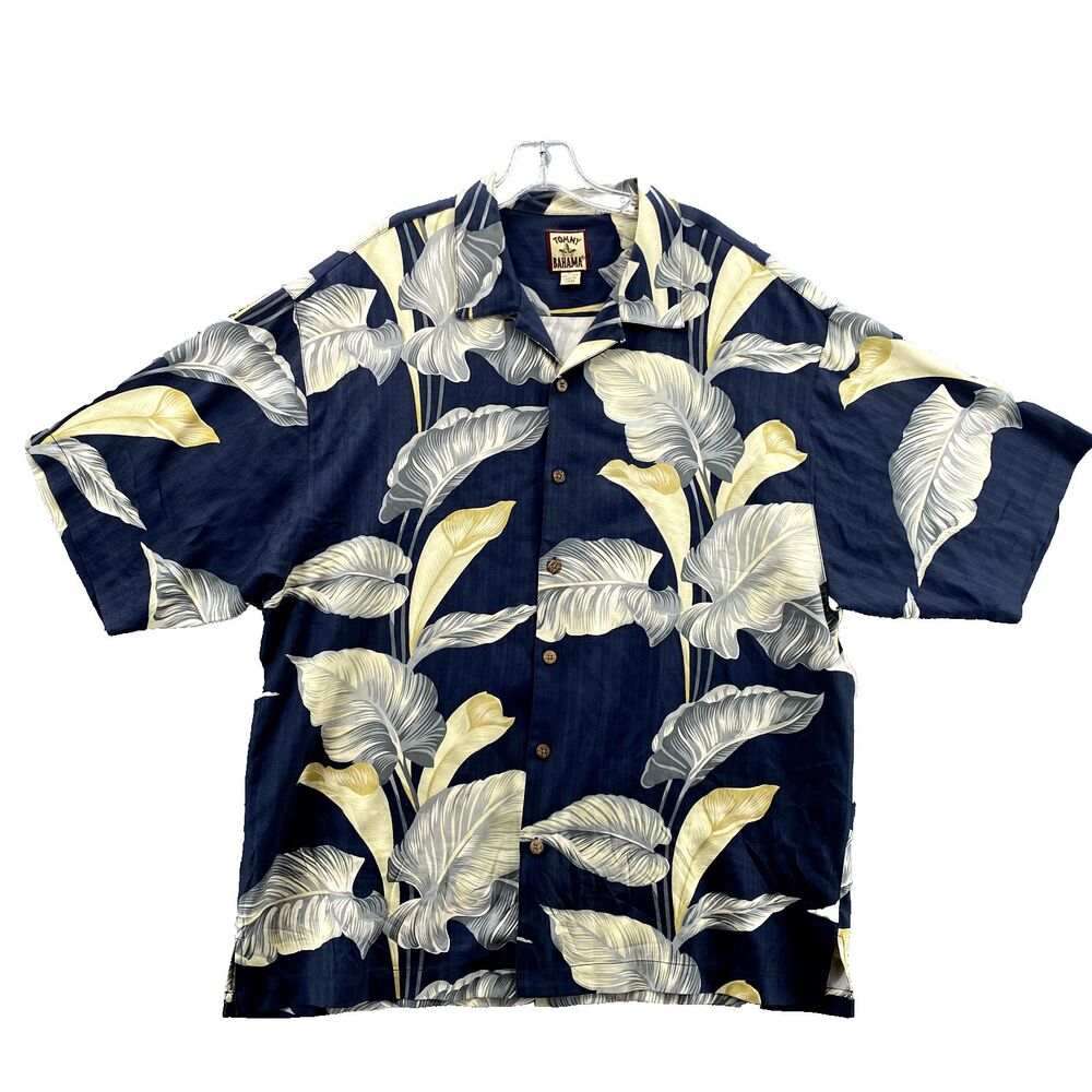 Vintage Tommy Bahama Hawaiian Silk Shirt Men XL Tropical Leaf Print Classic 90's